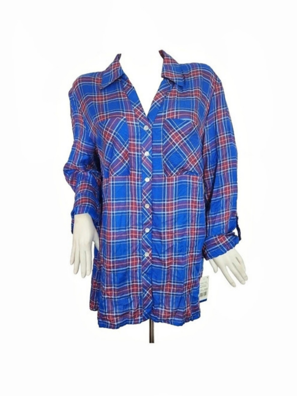 Ruby Rd Women's Plus Size 1X Top Shirt Button Up Roll Tab Sleeve Plaid Blue 06